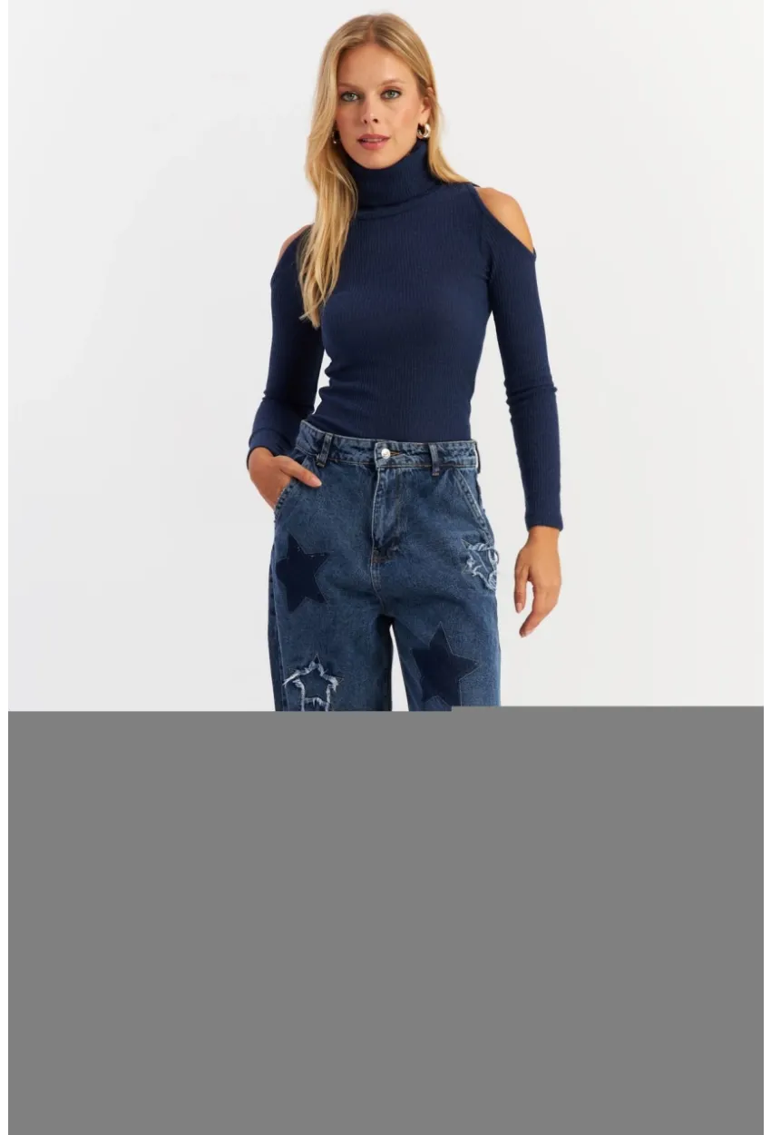 Kadın Mavi Yamalı Jean Pantolon AUR1