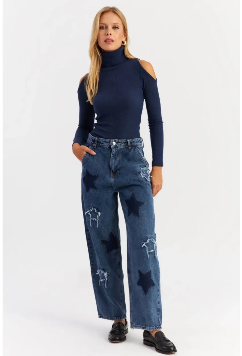 Kadın Mavi Yamalı Jean Pantolon AUR1