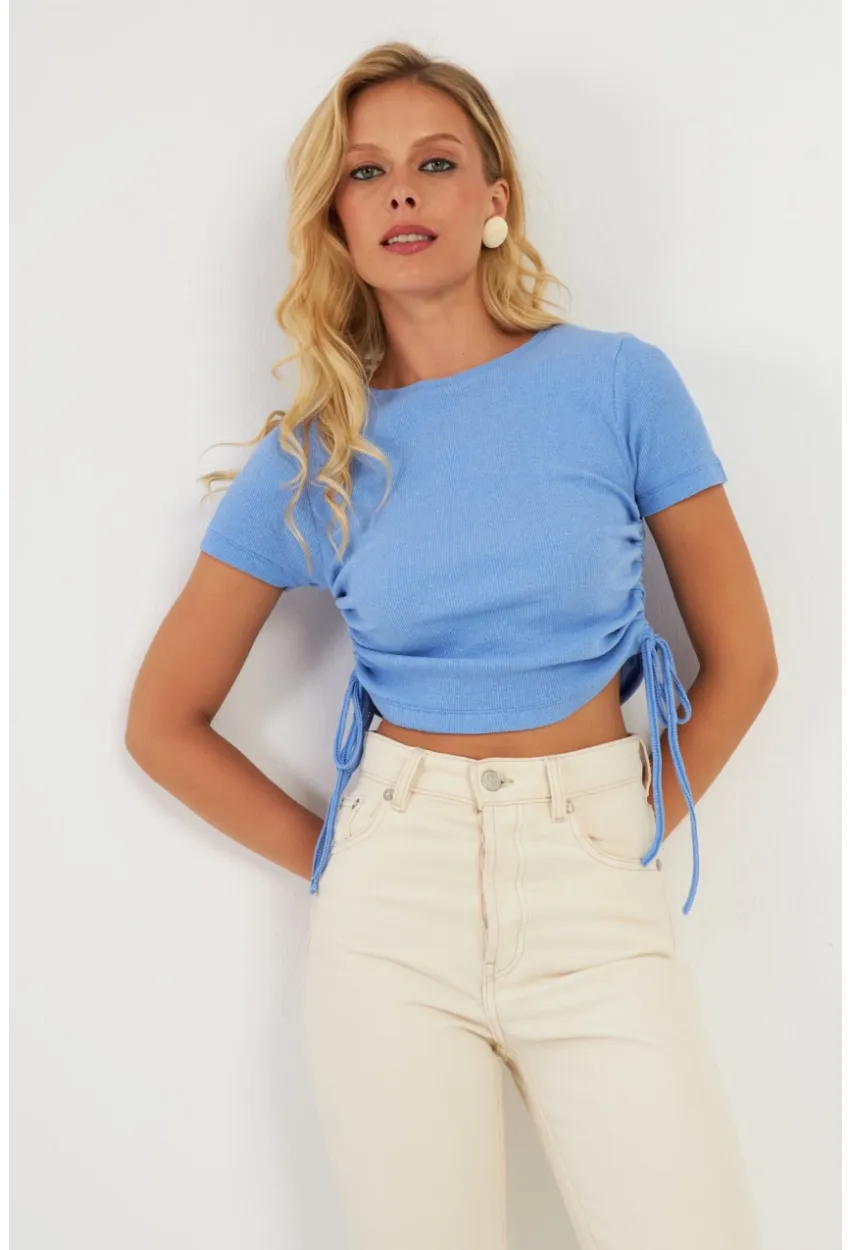 Kadın Mavi Yanları Büzgülü Kaşkorse Bluz AYD355