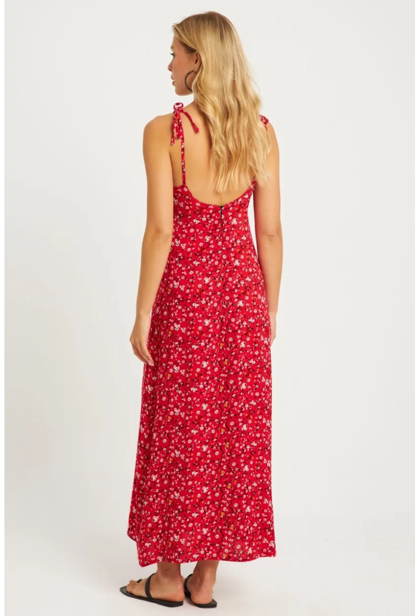 Kadın Mercan İp Askılı Çiçekli Midi Elbise GÇ172