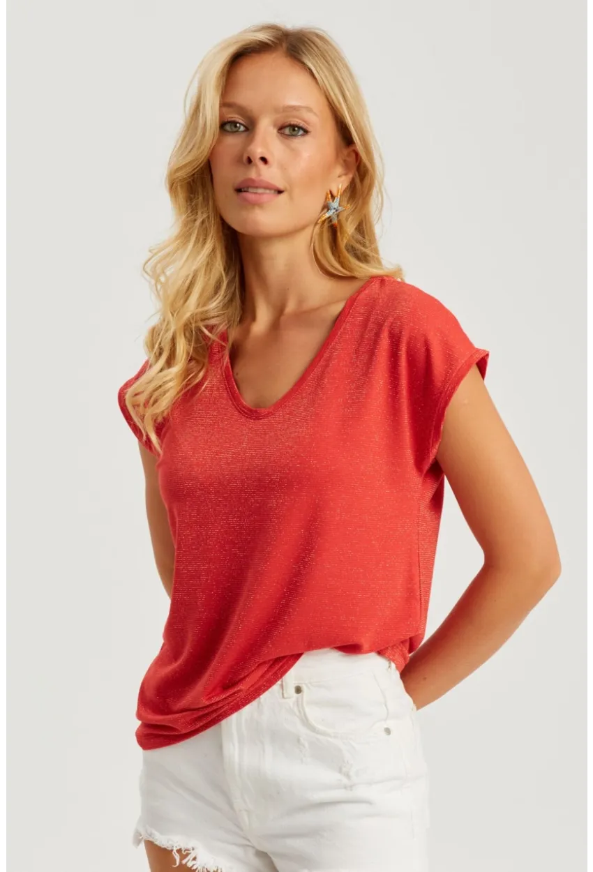 Kadın Mercan V Yaka Simli Bluz RX436
