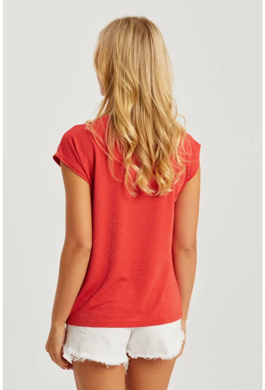 Kadın Mercan V Yaka Simli Bluz RX436