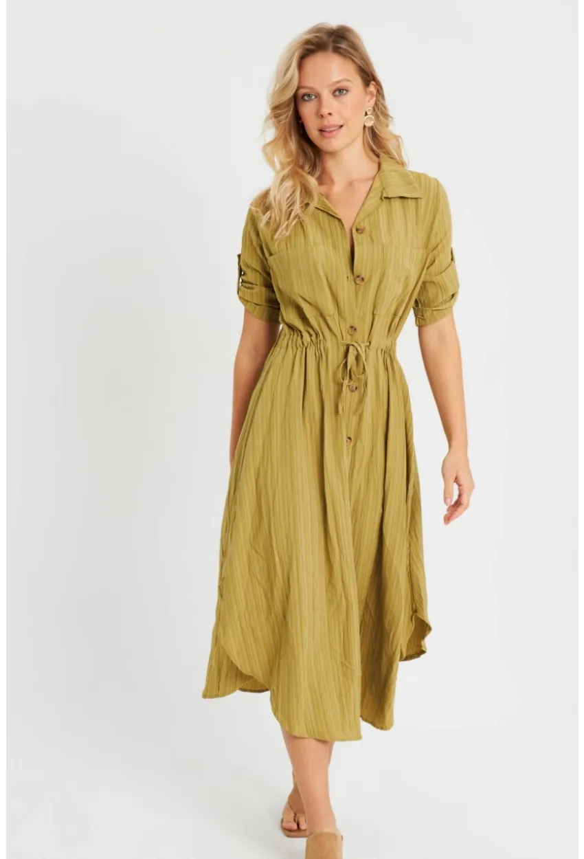 Kadın Midi Gömlek Elbise Haki Q984