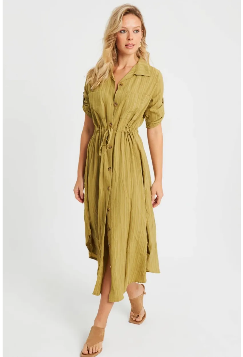 Kadın Midi Gömlek Elbise Haki Q984