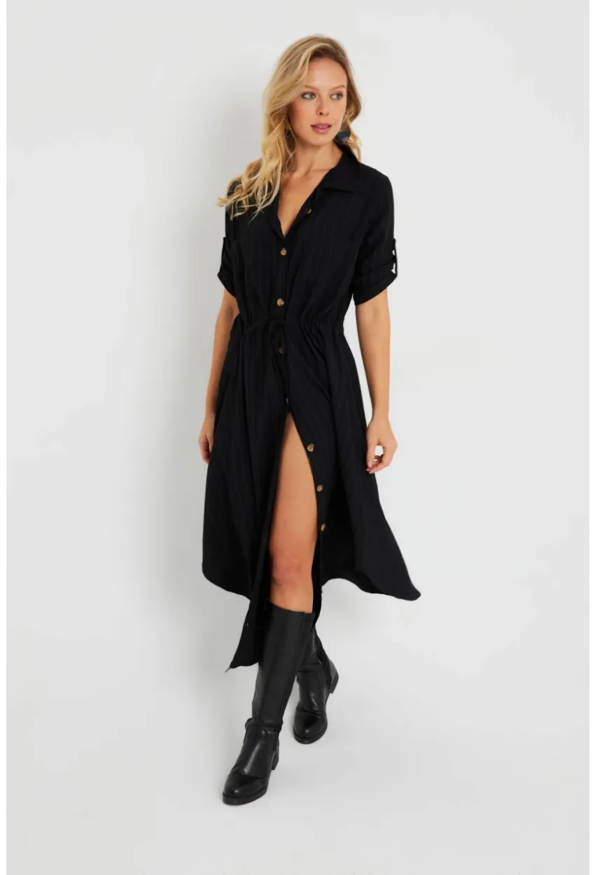 Kadın Midi Gömlek Elbise Siyah Q984