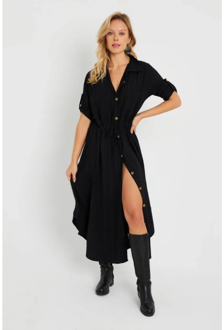 Kadın Midi Gömlek Elbise Siyah Q984