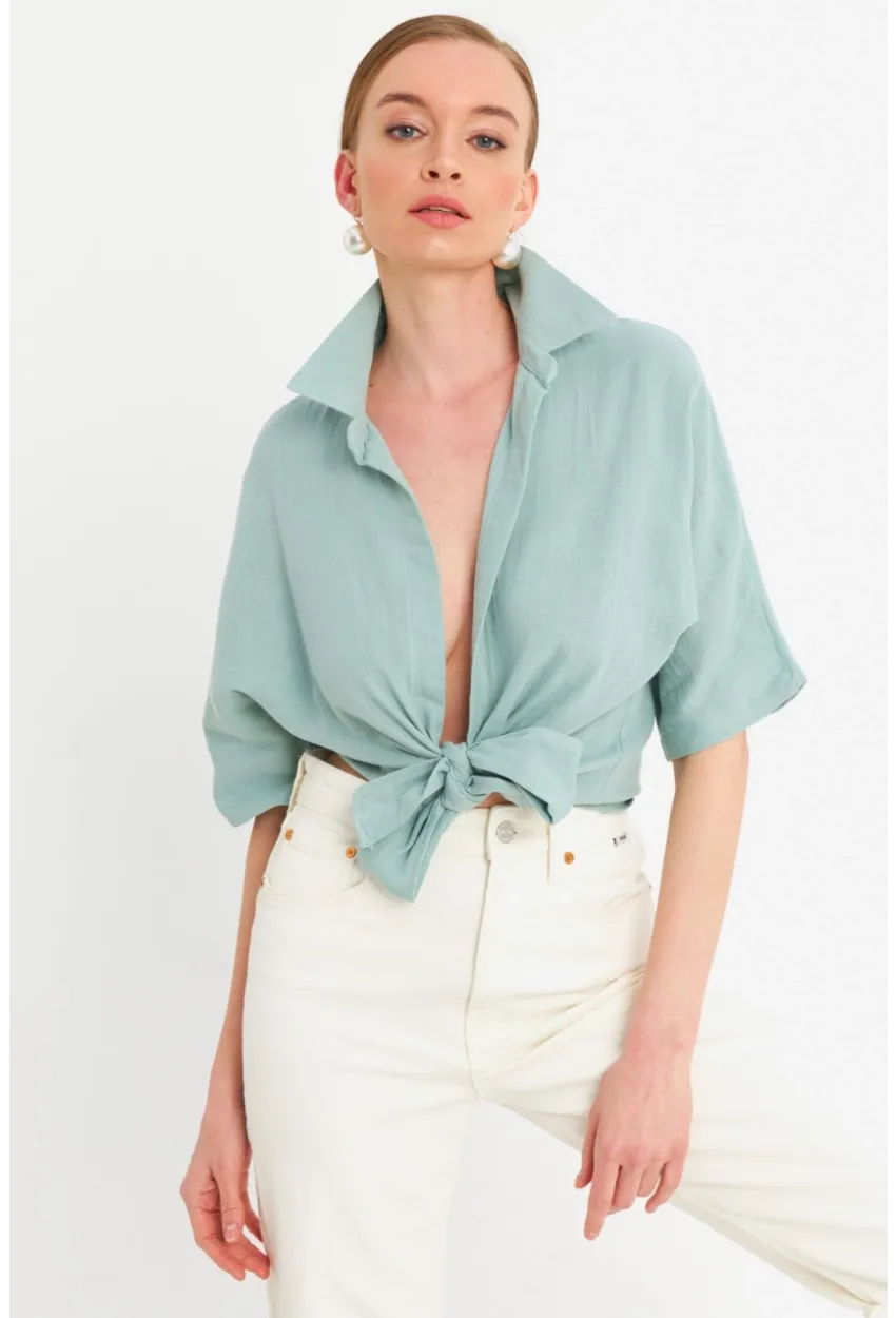 Kadın Mint Bağlamalı Keten Bluz BTH16