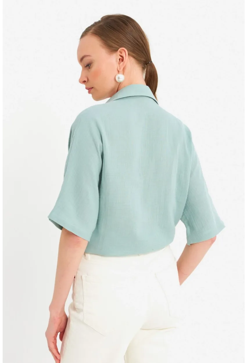 Kadın Mint Bağlamalı Keten Bluz BTH16