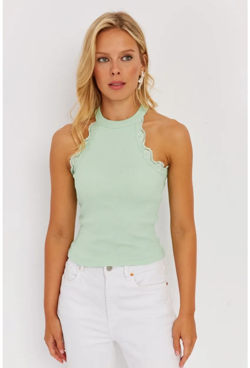 Kadın Mint-Beyaz Halter Yaka Dantelli Bluz MK08