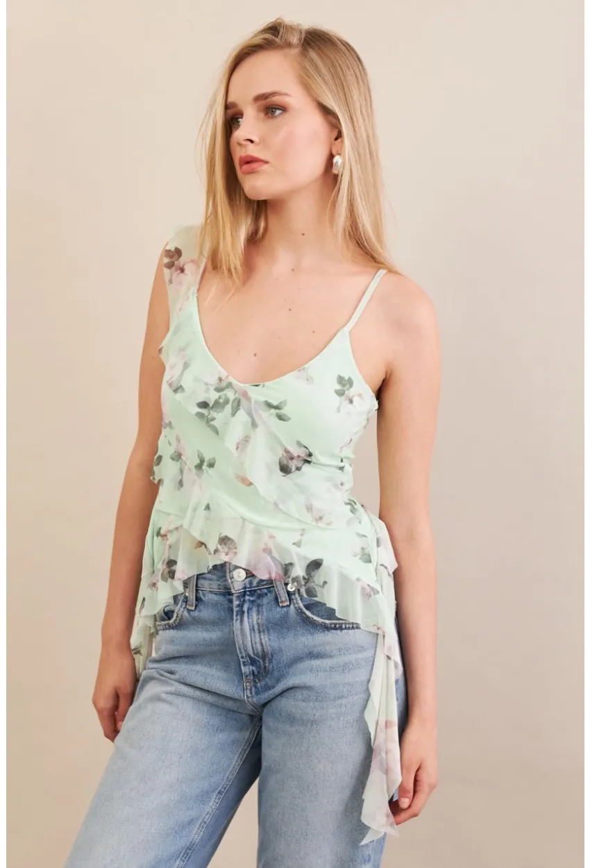 Kadın Mint Desenli Fırfırlı Şifon Bluz FS033