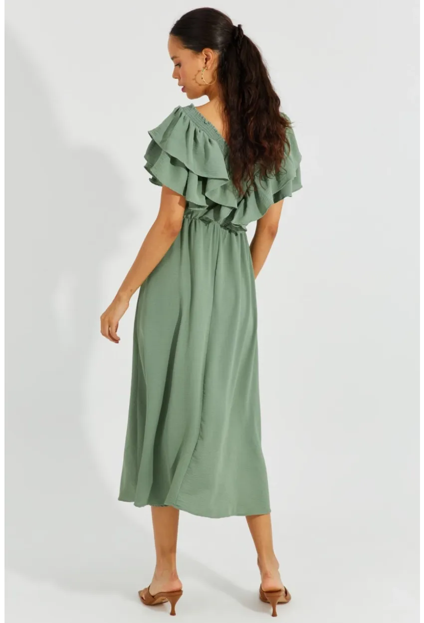 Kadın Mint Ön Arka V Volanlı Elbise KS113