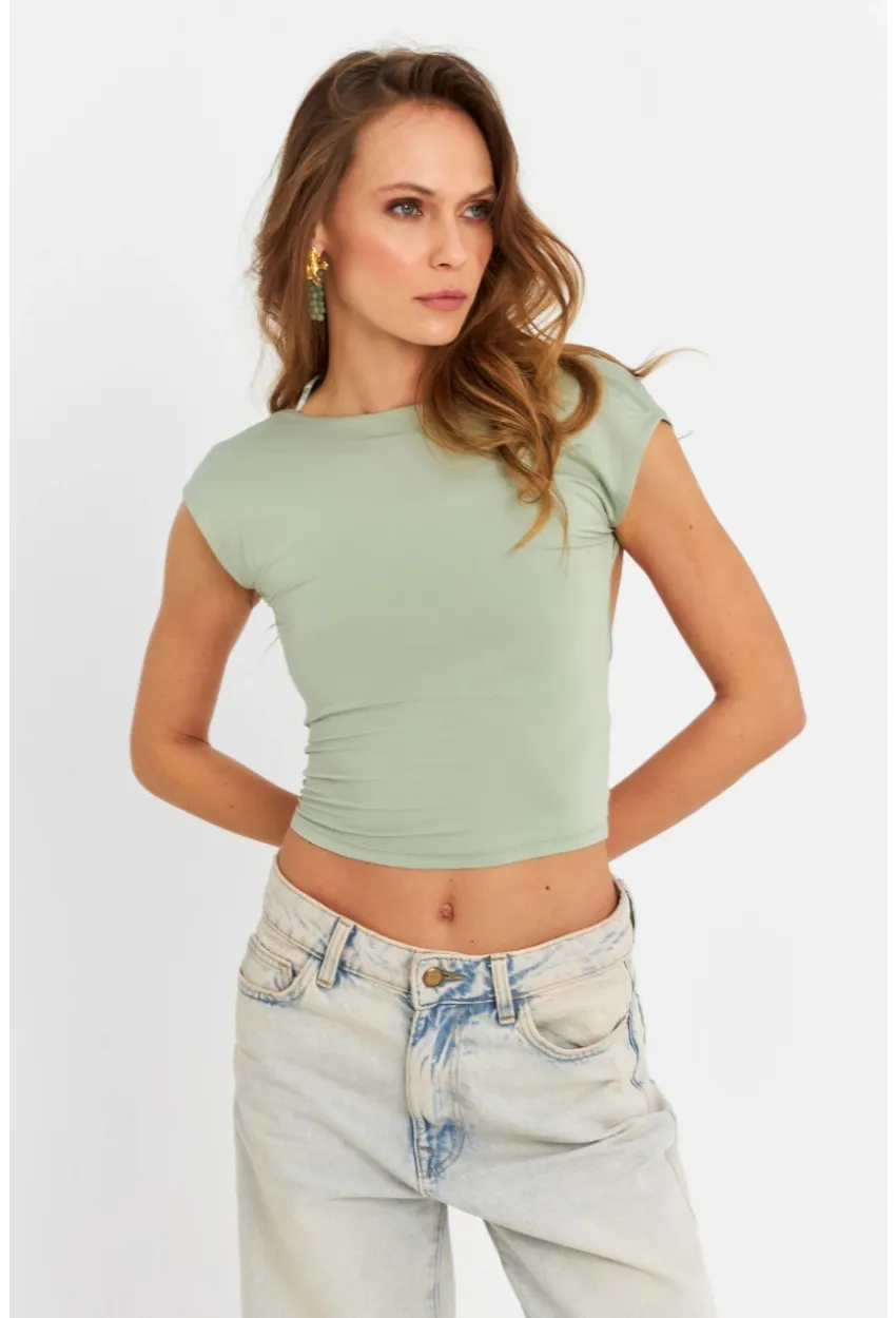 Kadın Mint Sırtı Açık Crop Bluz ZH083