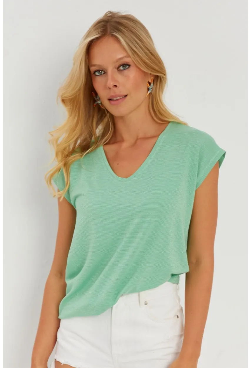 Kadın Mint V Yaka Simli Bluz RX436