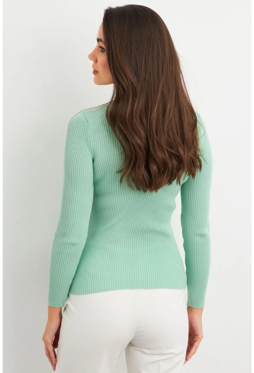 Kadın Mint V Yaka Triko Bluz YV284