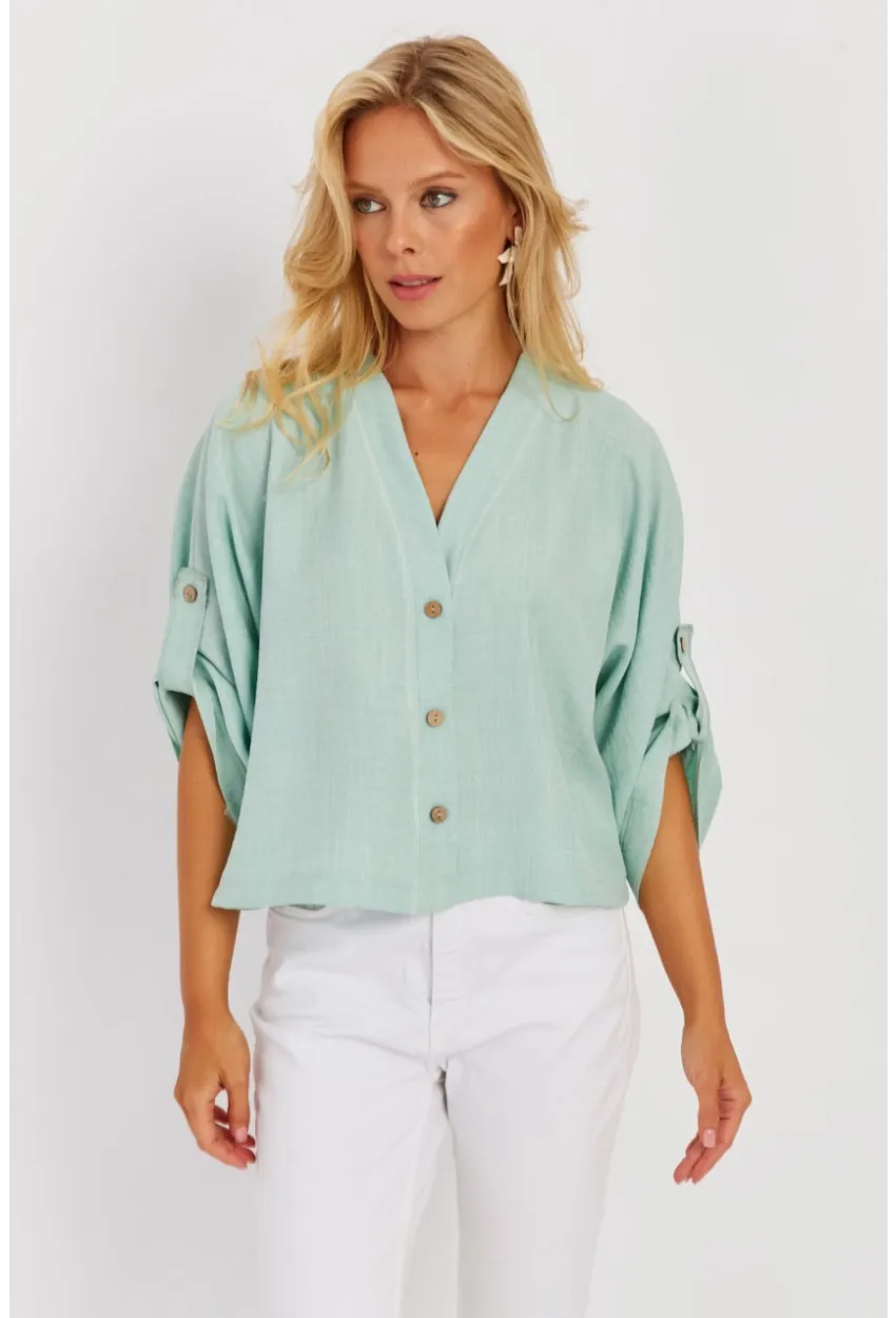 Kadın Mint Yarasa Kol Kısa Gömlek GÇ160