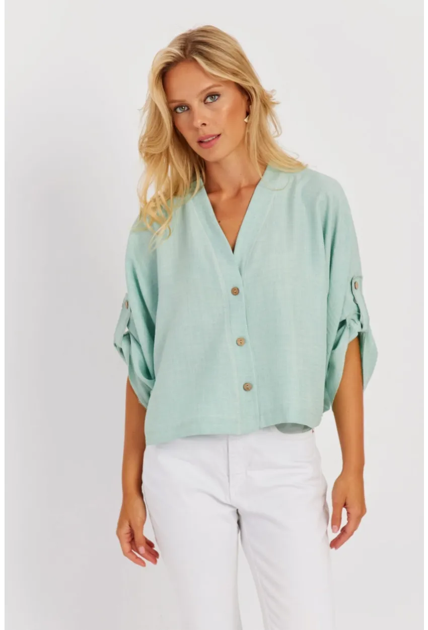 Kadın Mint Yarasa Kol Kısa Gömlek GÇ160