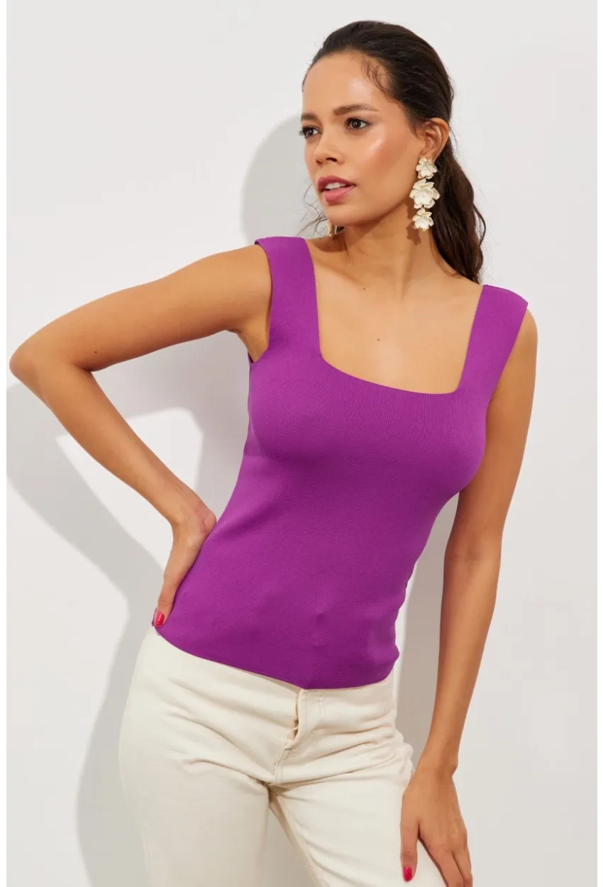 Kadın Mor Kare Yaka Triko Bluz YV87