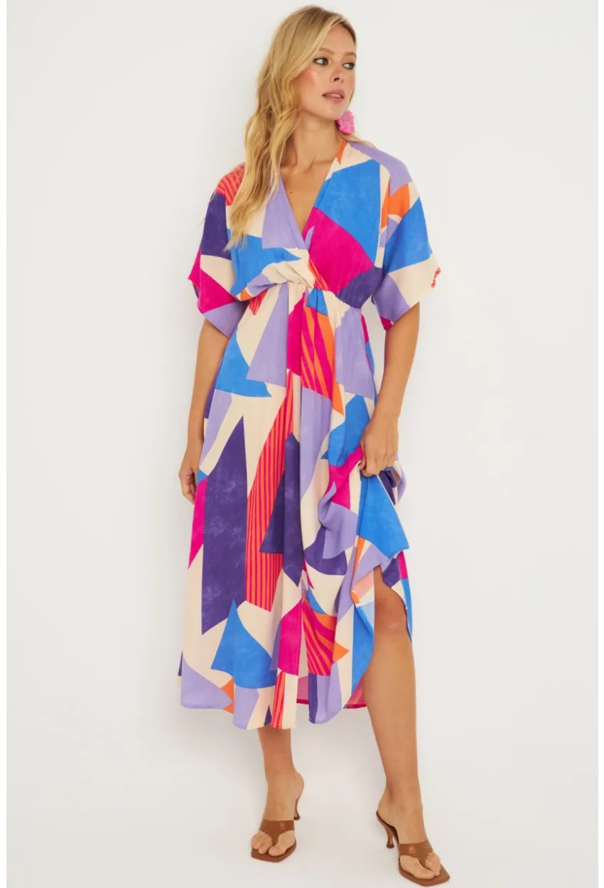 Kadın Multi Desenli Kruvaze Midi Elbise HT108