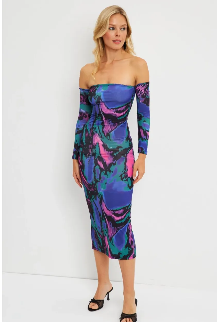 Kadın Multi Madonna Yaka Desenli Midi Elbise DMR278