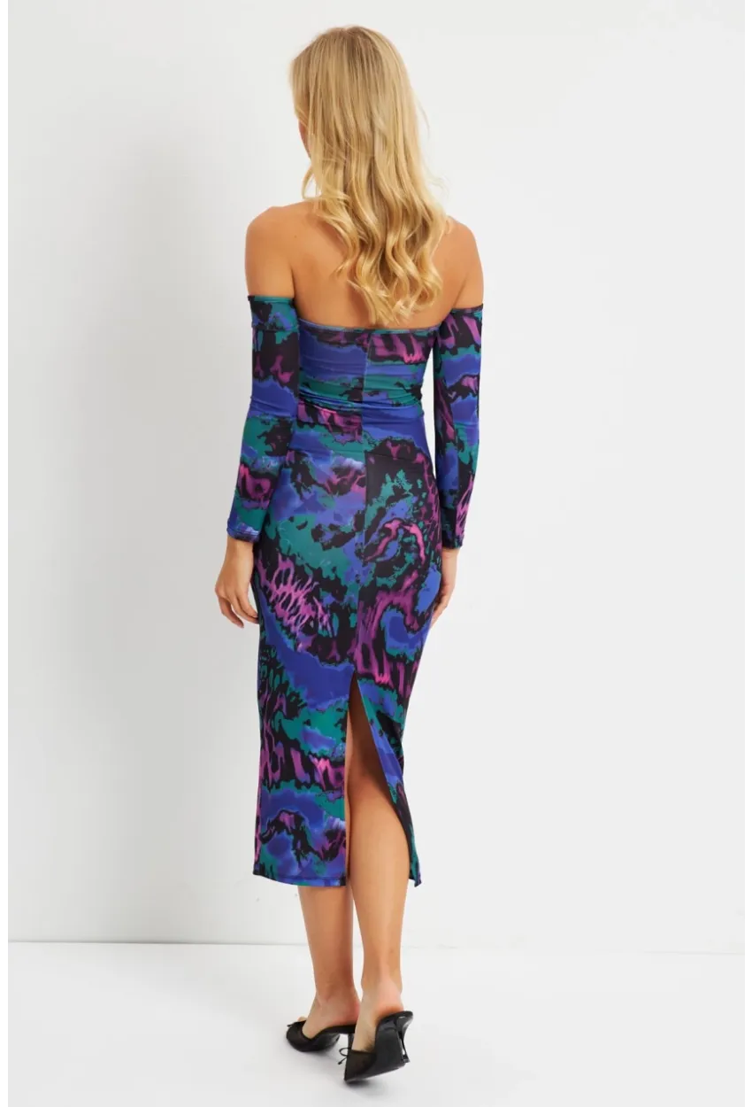 Kadın Multi Madonna Yaka Desenli Midi Elbise DMR278