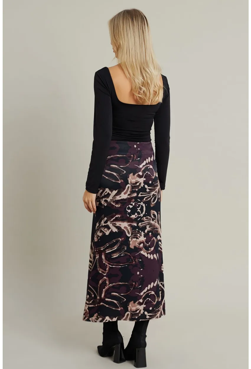 Kadın Mürdüm Desenli Saten Etek CAR1060