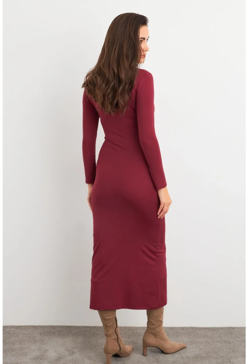 Kadın Mürdüm Kare Yaka Midi Elbise XC8102