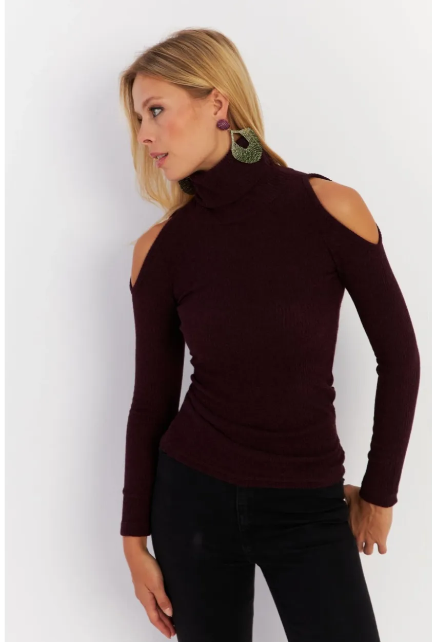 Kadın Mürdüm Omuzları Açık Kaşkorse Bluz HOR04