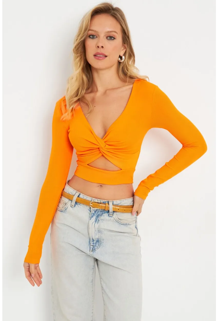 Kadın Önü Düğümlü Crop Bluz Turuncu AYD287