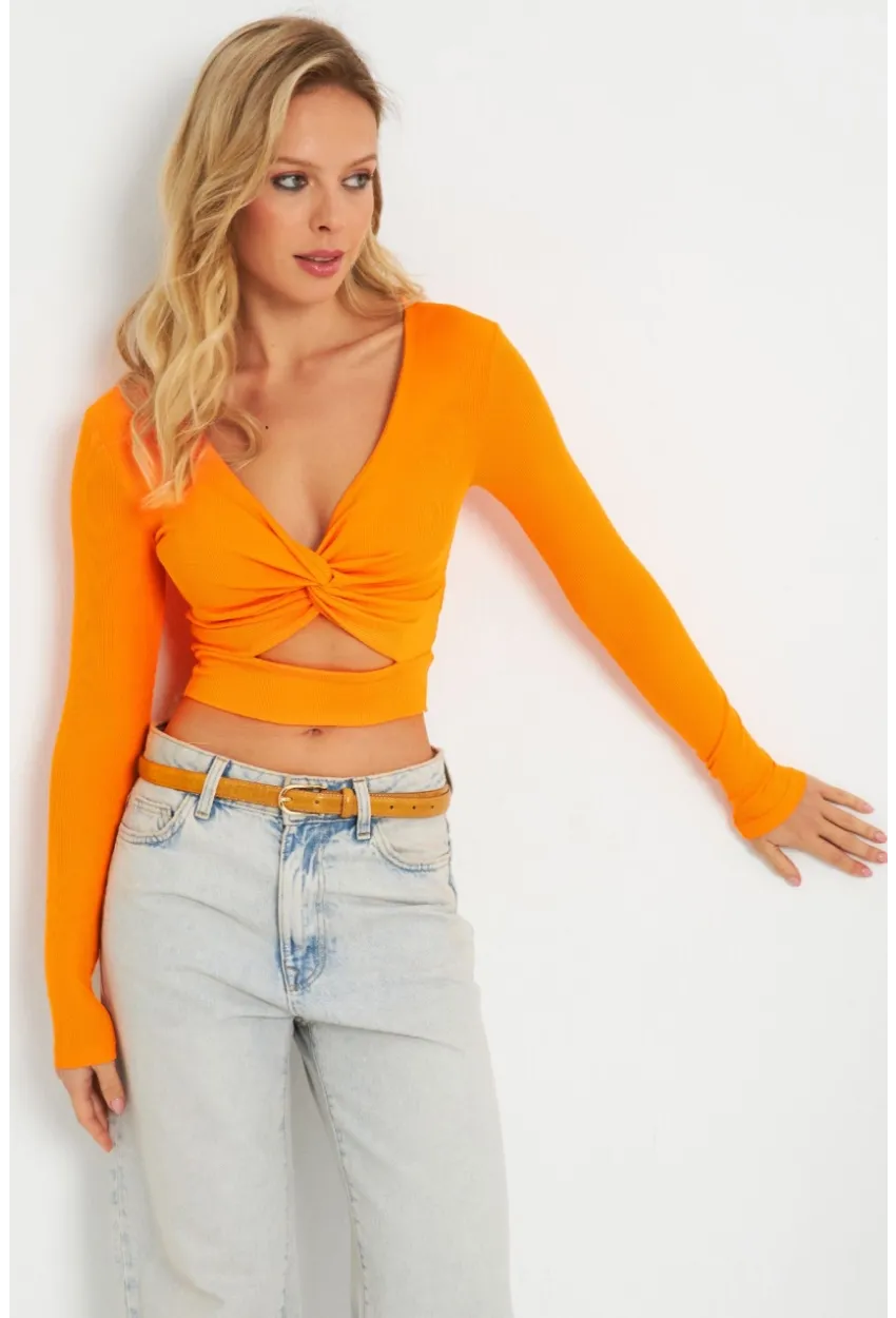 Kadın Önü Düğümlü Crop Bluz Turuncu AYD287