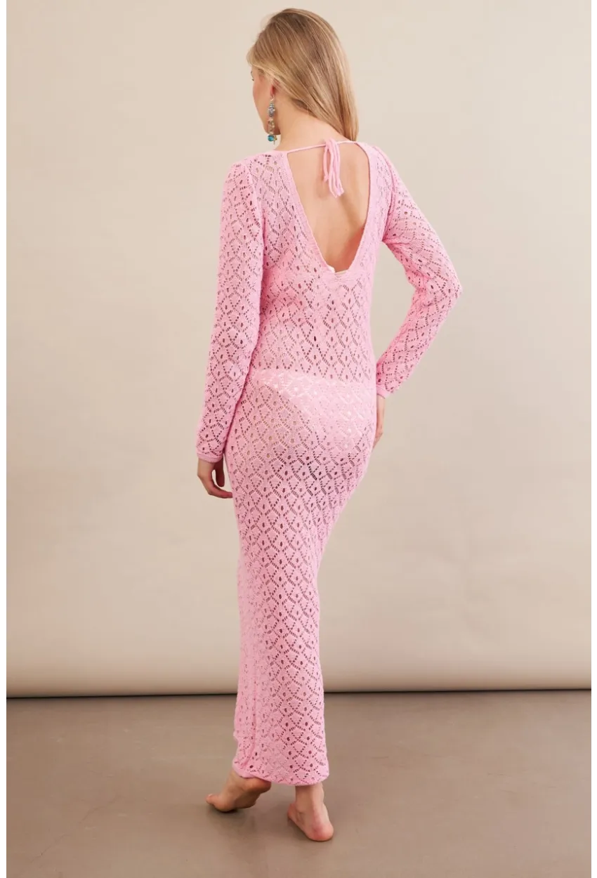 Kadın Pembe Aksesuarlı Triko Plaj Elbisesi KZ3237-90