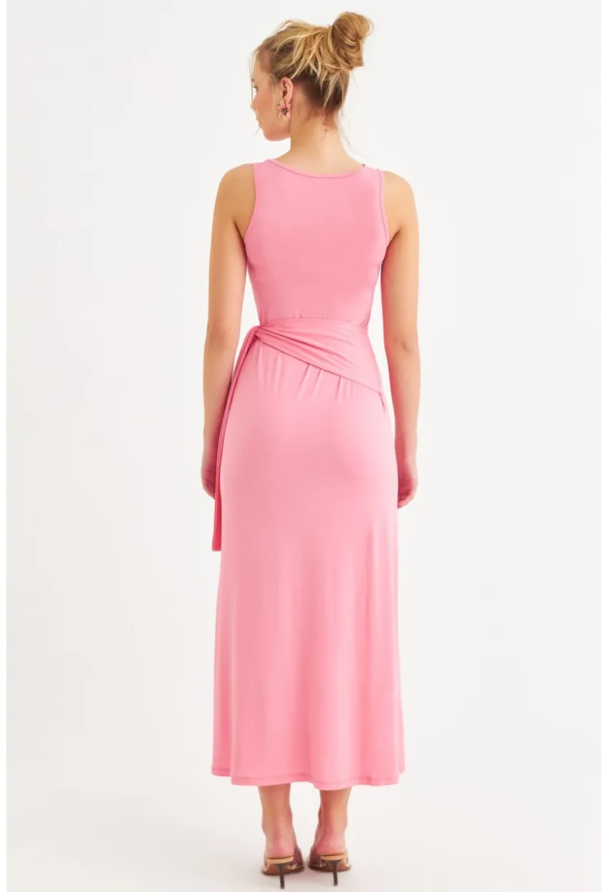 Kadın Pembe Büzgülü Kolsuz Midi Elbise TF75