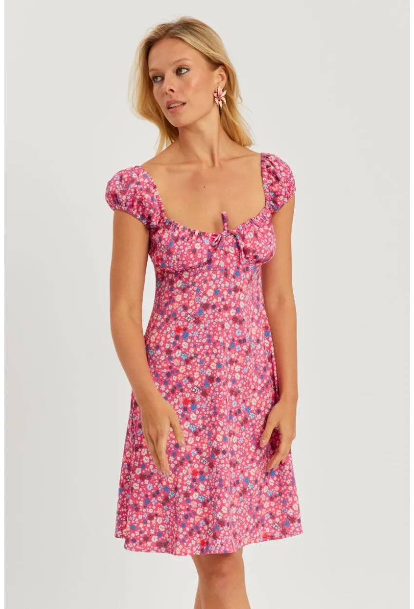 Kadın Pembe Çiçekli Mini Elbise GÇ165