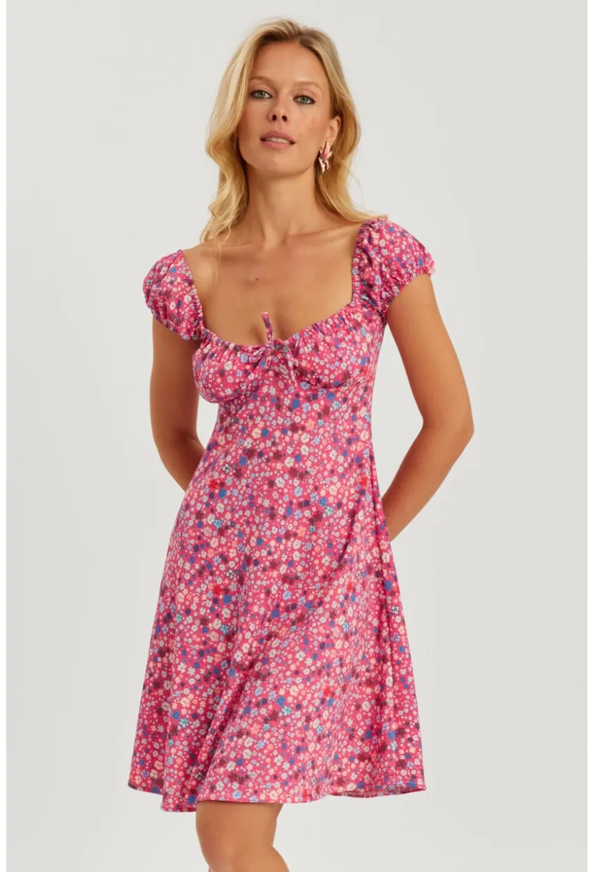 Kadın Pembe Çiçekli Mini Elbise GÇ165