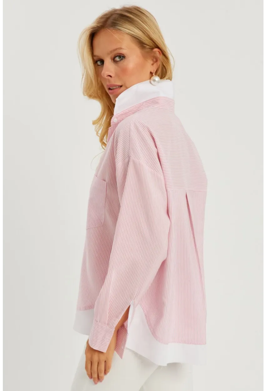 Kadın Pembe Çizgili Gömlek SF2551