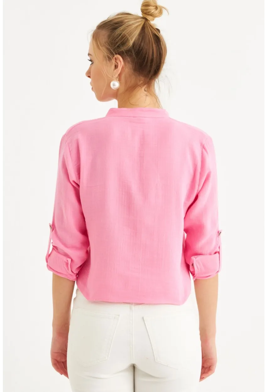 Kadın Pembe Düğmeli Keten Gömlek Bluz BTH17