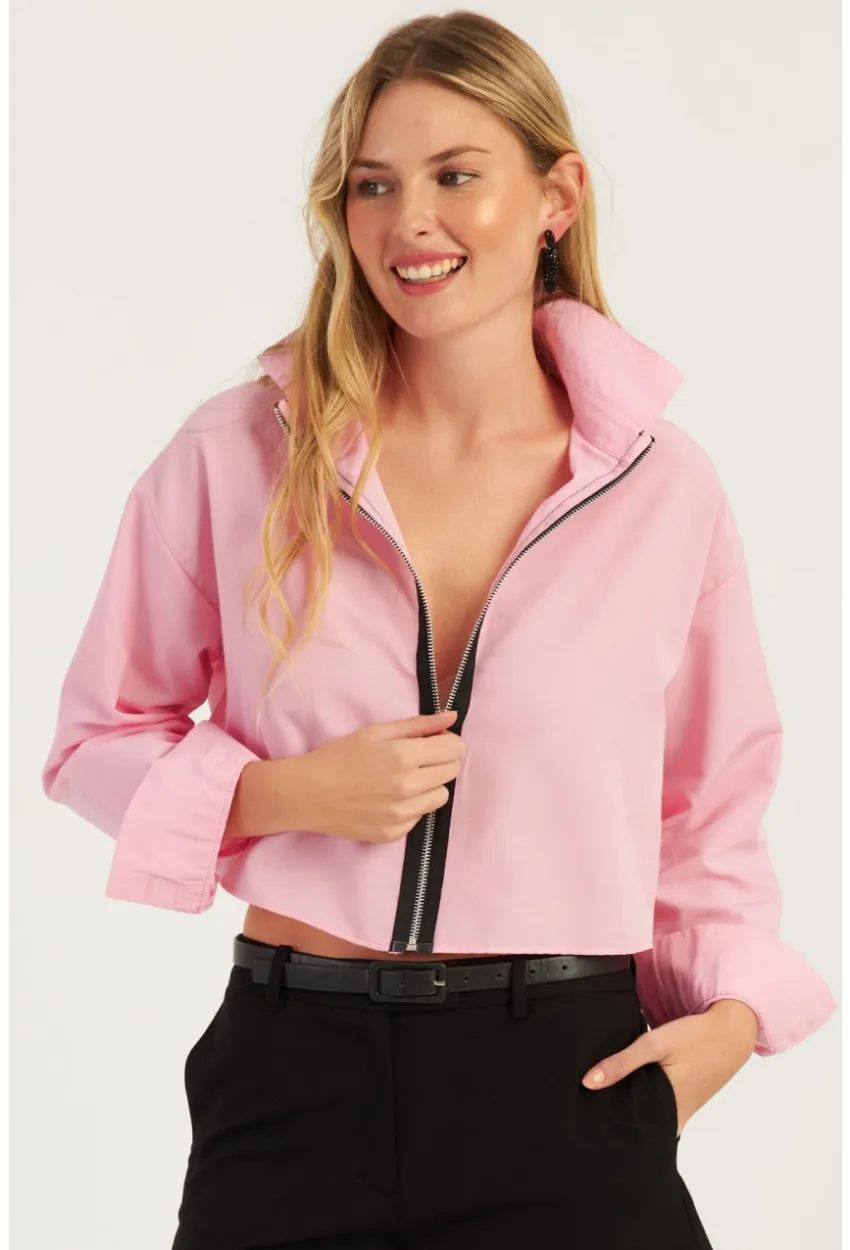 Kadın Pembe Fermuarlı Kısa Gömlek SF2541