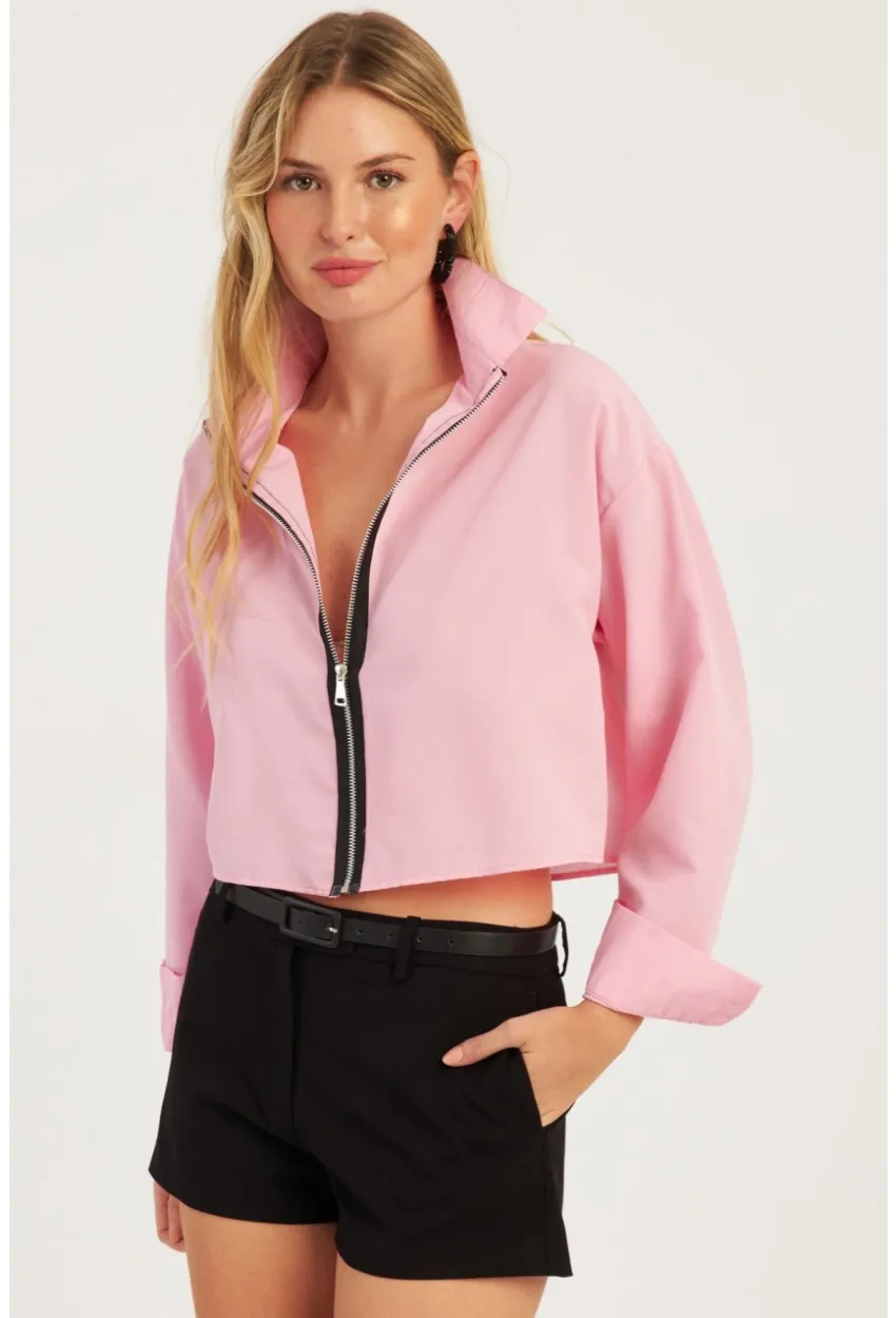 Kadın Pembe Fermuarlı Kısa Gömlek SF2541