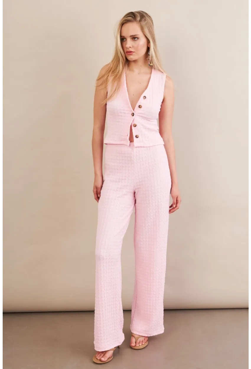 Kadın Pembe Gofre Yelek Pantalon Takım FLU330