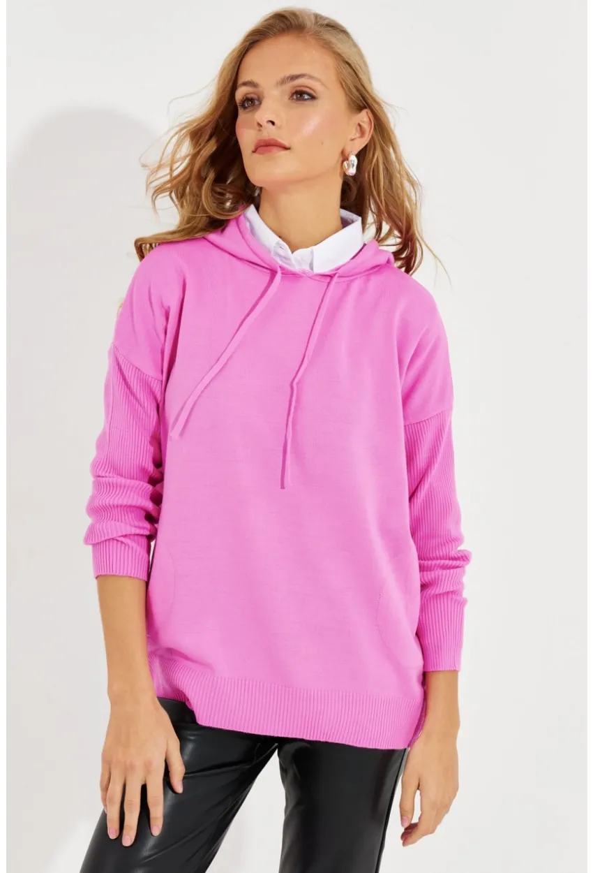 Kadın Pembe Kapüşonlu Cepli Triko Kazak YZ520