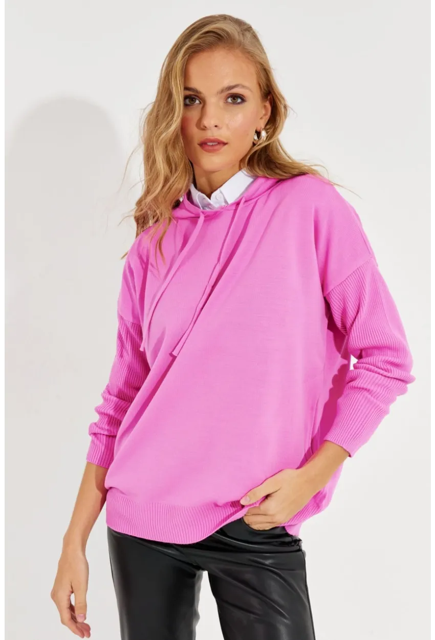Kadın Pembe Kapüşonlu Cepli Triko Kazak YZ520