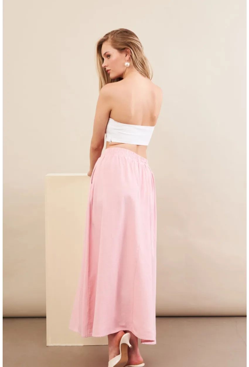 Kadın Pembe Keten Cepli Midi Etek RSP4440