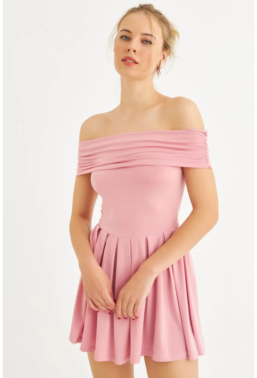 Kadın Pembe Madonna Yaka Midi Elbise MON1262-1