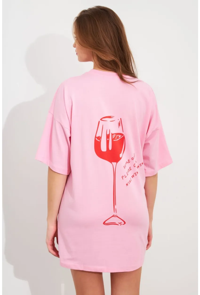 Kadın Pembe Oversize Pijama T-Shirt TPG14