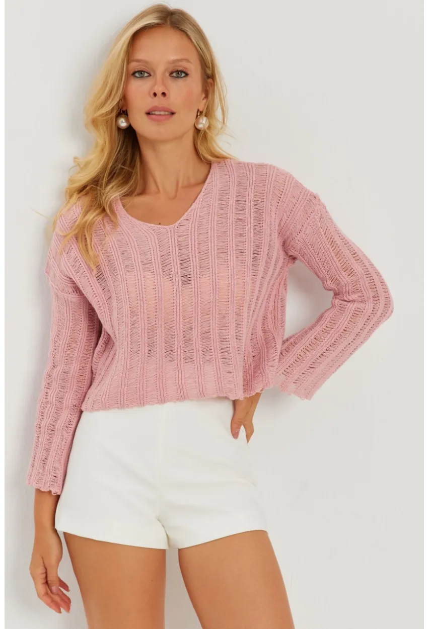 Kadın Pembe V Yaka Ajurlu Triko Bluz YV233