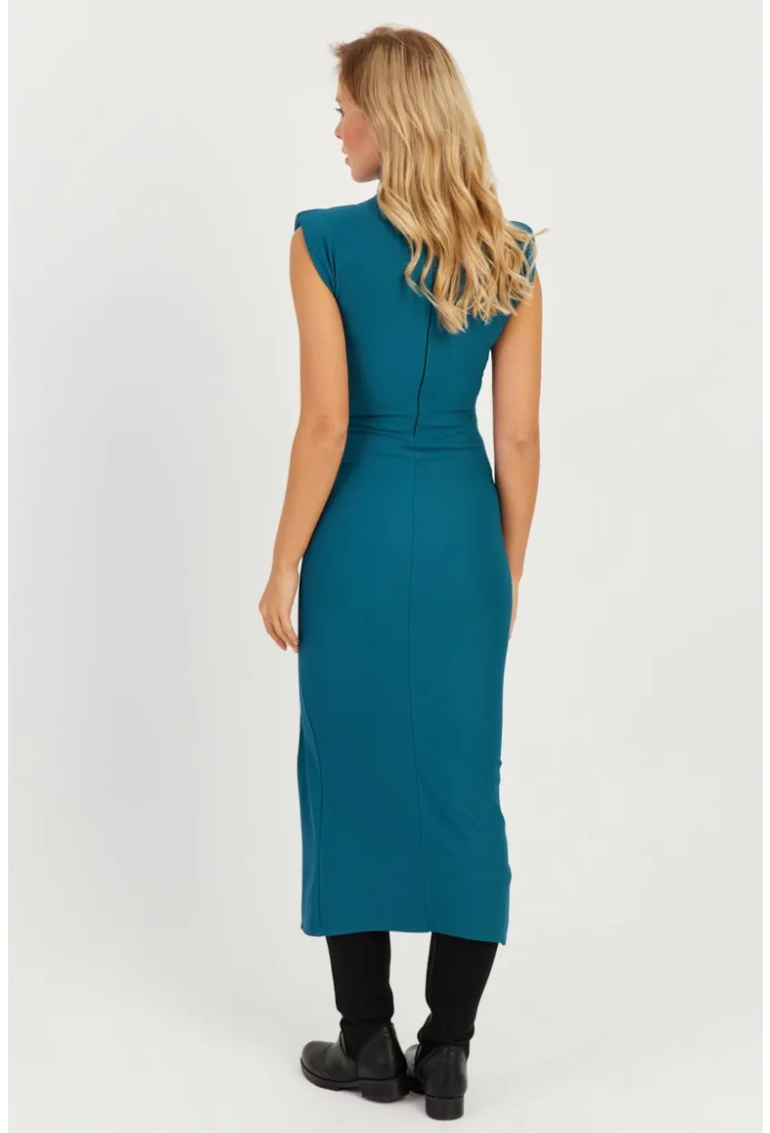 Kadın Petrol Vatkalı Yırtmaçlı Midi Elbise MON120
