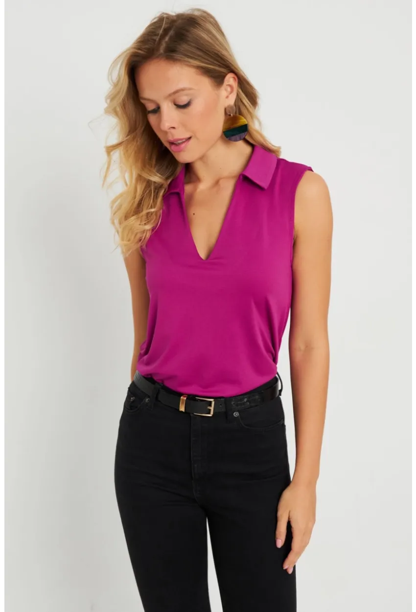 Kadın Polo Yaka Bluz Fuşya AYD276