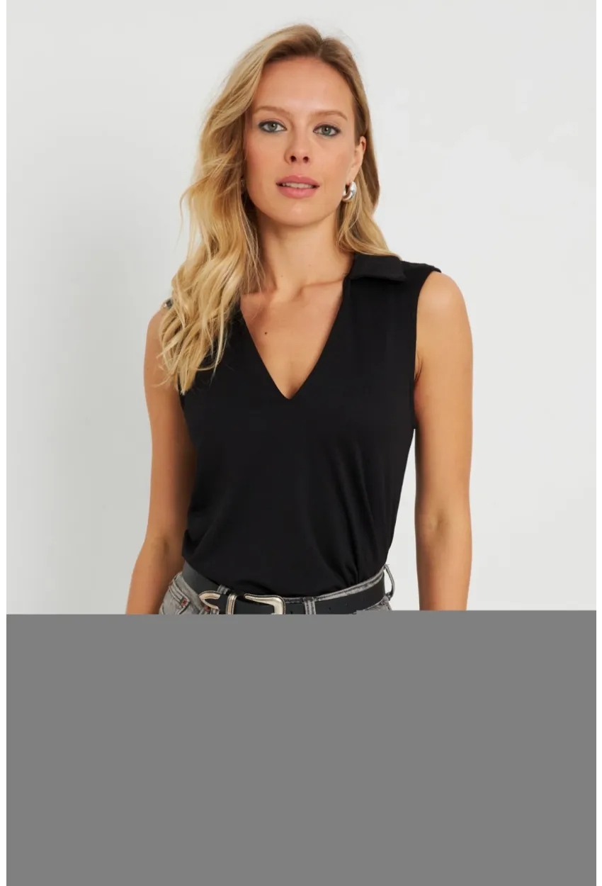 Kadın Polo Yaka Bluz Siyah AYD276