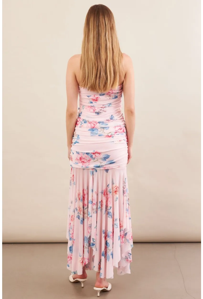 Kadın Pudra Drapeli Straplez Midi Tül Elbise ERL101