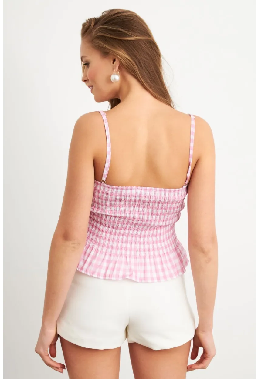 Kadın Pudra Ekose Lastikli Crop Bluz MTK13397