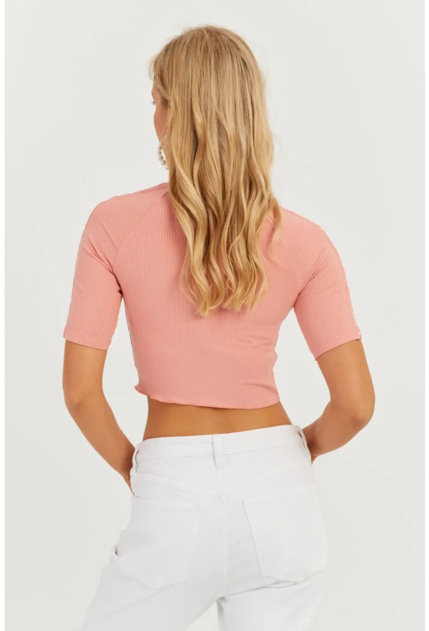 Kadın Pudra Kolları İncili Crop Bluz AYD298